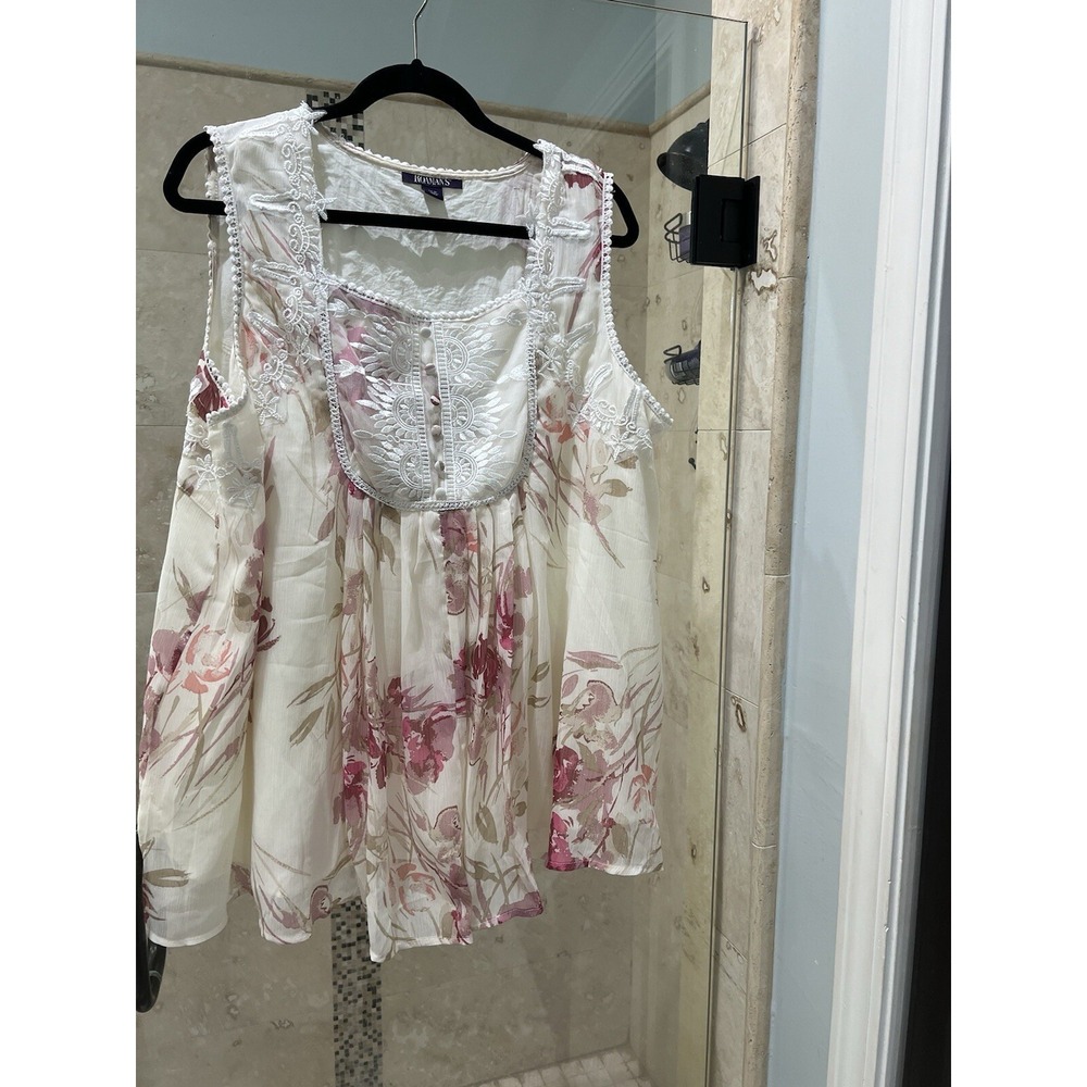Roaman's 24W Romantic Floral Lace Pullover Blouse Ivory Sleeveless Lightweight